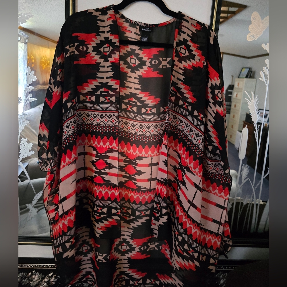 Rue21 Tribal Pattern Sheer Kimono Cardigan - Red, Black, Cream
